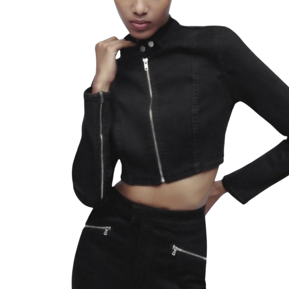 Black Cropped Jacket with Zipper Detail